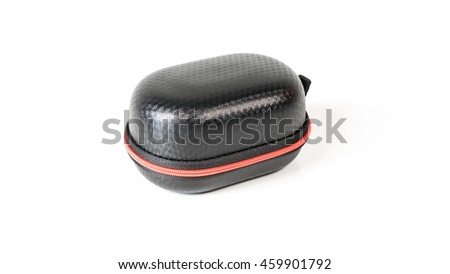 Small zipped case box for small microphone lapel or lavalier. Isolated on white background. Slightly de-focused and close-up shot. Copy space.