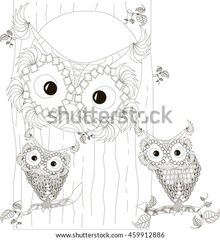 Zentangle, stylized black and white owls family sitting in the hollow and on branches of tree trunk, hand drawn, vector illustration
