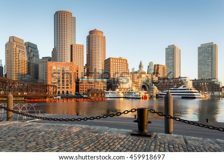 Awesome sunrise in Boston, Massachusetts, USA showcasing its harbor and Financial District. Royalty-Free Stock Photo #459918697
