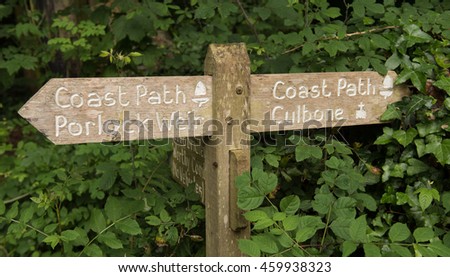 "Coast Path" Sign Post on the South West Coast Path between Porlock Weir and Lynton within Exmoor National park on the Border of Devon and Somerset, England, UK