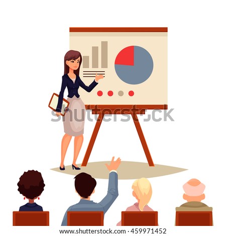 Businesswoman giving presentation with a board, sketch style vector illustration isolated on white background. Confident female manager and flip chart with pie graph and infographic to group of people
