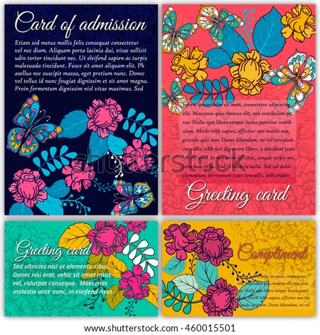 Set congratulations vector cards. on decorated background. butterflies and flowers pattern, brochure, gift certificate, party invitation