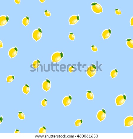 Small lemon different sizes sticker blue background. Pattern with lemon and leaves.