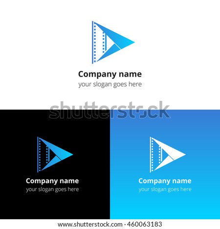 Play music sound button and video movie film strips flat logo icon vector template. Abstract symbol and button with light-blue gradient for music, cinema, television, industrial service or company.