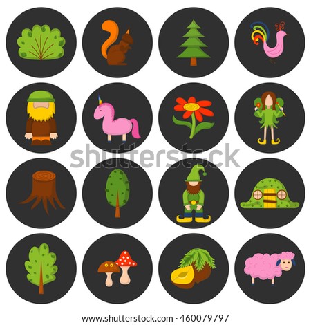 Vector illustration, cartoon children magic forest icons. Fairy tale, fantasy, magic objects. Children vector book cover, illustration. Cartoon cute card, magic tree, forest creatures, unicorn