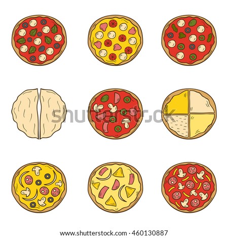 Vector illustration with cartoon hand drawn set of pizza. Vector pizzeria, cafe, restaurant menu concept. Italian cuisine food. Isolated pizza. Delivery menu hand drawn objects. Traditional Italy food