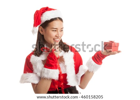 Asian Christmas Santa Claus girl and gift box  isolated on white background.