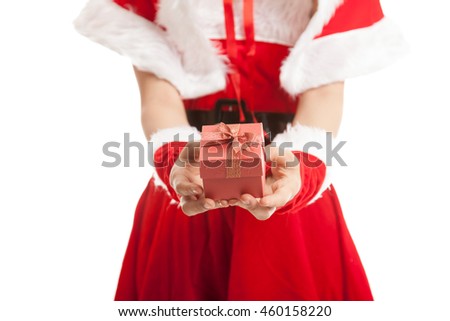 Asian Christmas Santa Claus girl and gift box   isolated on white background.