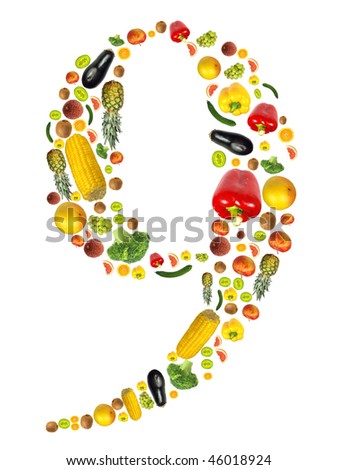 Number "9" made of fruit and vegetable