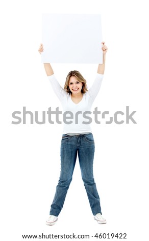 Woman holding a banner isolated over a white background