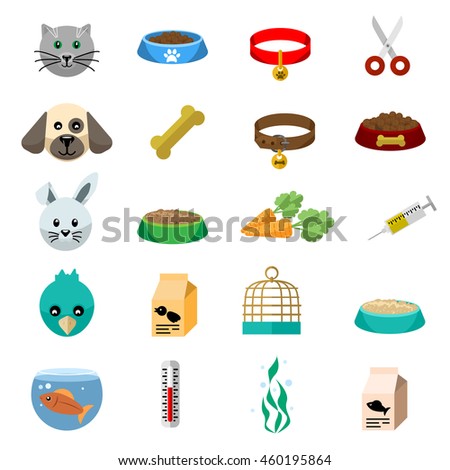 Pets care flat icon creative concept illustration, home pets, cat, dog, bird, rabbit, food, tools for posters and banners