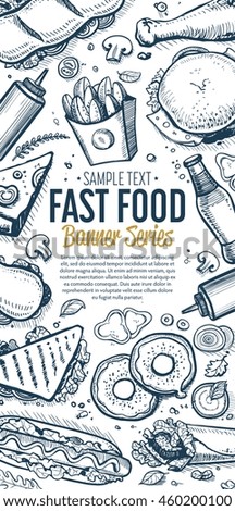 Fast food flyer. Restaurant, cafeteria, pizzeria or bistro flyer illustration. Hand drawn vector sketch pattern with grilled snack, hamburger, fries, hot dog, tacos, coffee, sandwich, ice-cream, drink