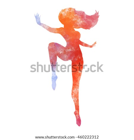 Hand drawn dancing girl, vector watercolor silhouette on white background.