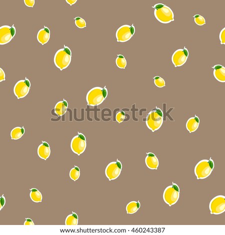 Small lemon and leaves different sizes sticker brown background. Pattern.