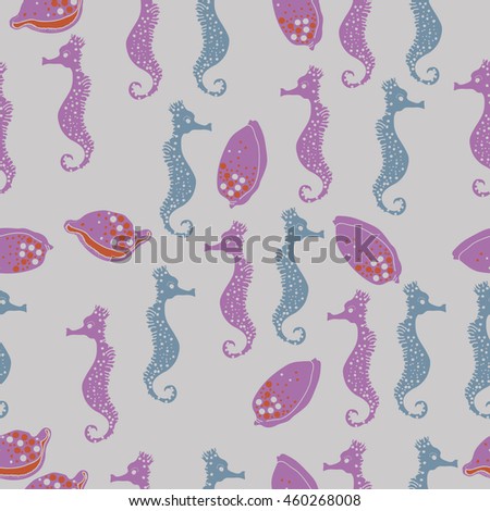 Seamless  pattern of  stylized  sea  motif, doodles,  spot,hole,sea Horses, shells, cowries, spirals, object . Hand drawn.