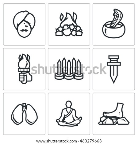 Vector Set of Indian Yoga Icons. Yogi, Burning coal, Fakir, Fire, Walking on nails, Swallowing a knife, Breathing technique, Meditation.