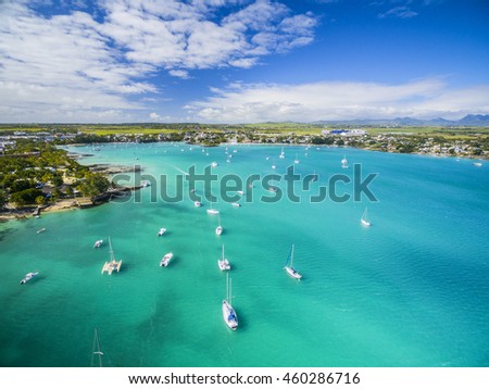 Mauritius beach aerial view of Merville Beach in Grand Baie, Pereybere North Royalty-Free Stock Photo #460286716