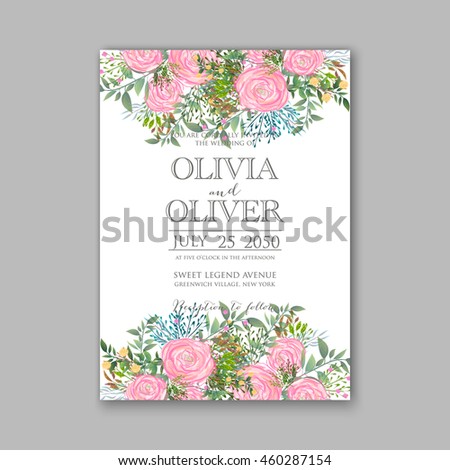 Wedding invitation with watercolor rose flower and laurel in wreath