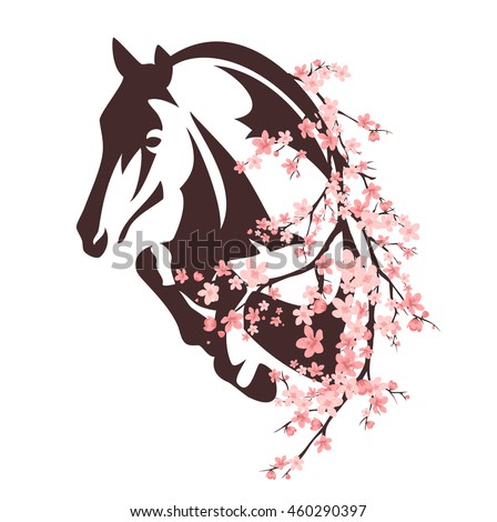 horse among flowers - animal and blooming tree branches vector design