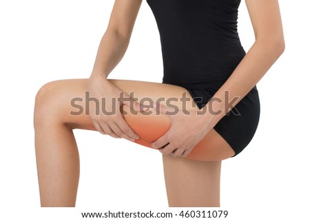 woman holding her beautiful healthy body with massaging  thigh in pain area, Isolated on white background.