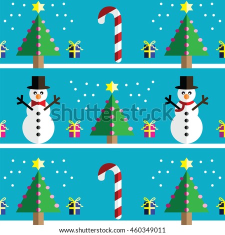 Christmas Seamless pattern with geometrical Snowman with scarf and with bow tie , gifts with ribbon, snow, sweets,  xmas trees with  pink lights and star element in 2 shades on light blue background 

