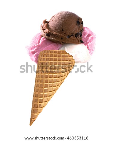 Mixed ice cream scoops in cone on white background