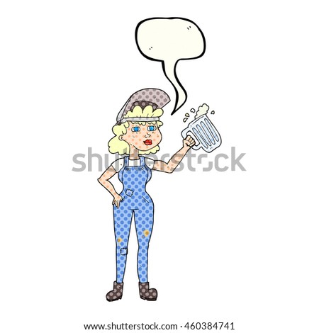 freehand drawn comic book speech bubble cartoon hard working woman with beer 