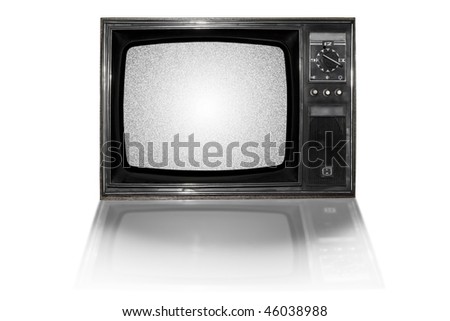  Old  television, dusty and dirty. Isolated on white. Some static noise added on the screen in post-production.
