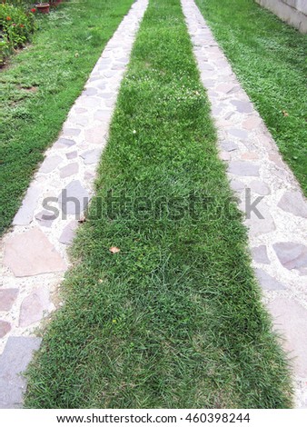 Path for car made of stone in the garden