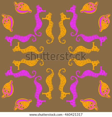 Circular  pattern of  stylized  sea  motif, doodles,  spot,hole,sea Horses, shells, cowries, spirals, object, copy space . Hand drawn.