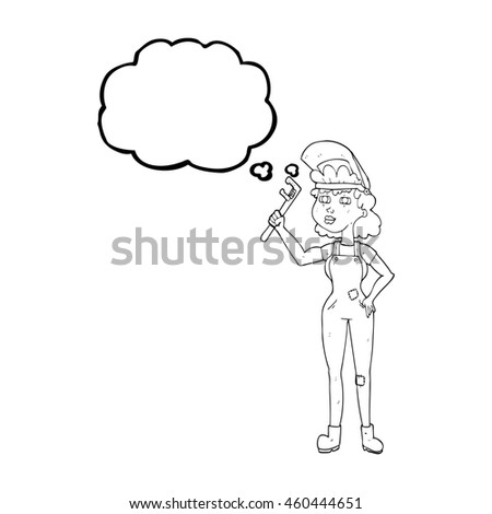 freehand drawn thought bubble cartoon capable woman with wrench