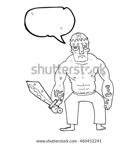 freehand drawn speech bubble cartoon warrior with sword