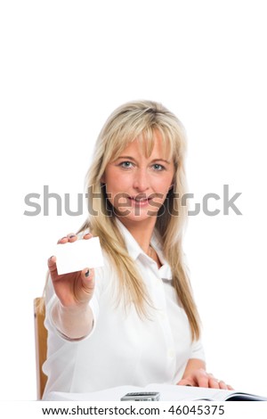 young blond businesswoman with a business card