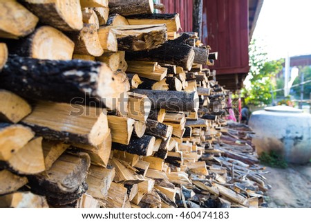 Row of fire wood stock for winter near home