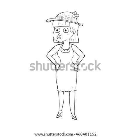 freehand drawn black and white cartoon woman wearing sun hat
