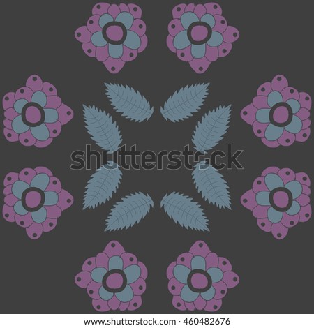 Circular  pattern of  stylized floral motif, doodles,  flowers, spot,hole, leaves, ellipses . Hand drawn.
