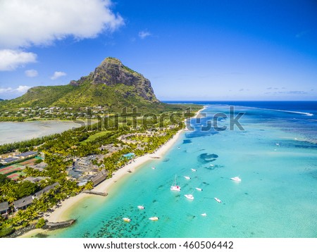 Mauritius beach island aerial view of Le Morne Brabant tropical Beach on south west Royalty-Free Stock Photo #460506442