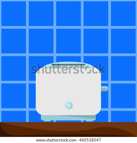 White and blue toaster on wooden table. Vector illustration in flat style. Small house appliance. Kitchen baking machine. Breakfast sandwich cooking. Cartoon style square image for modern home