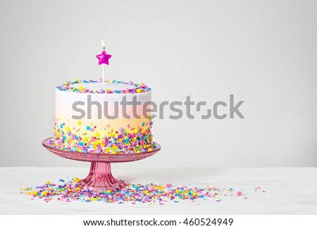 Birthday cake with star candle and colorful sprinkles