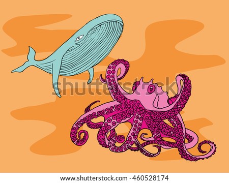 Blue whale and purple octopus, Hand drawn vector illustration.