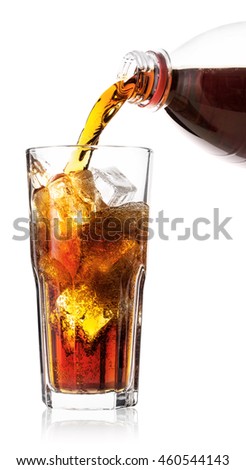 Cola poured into glass with ice isolated on white background