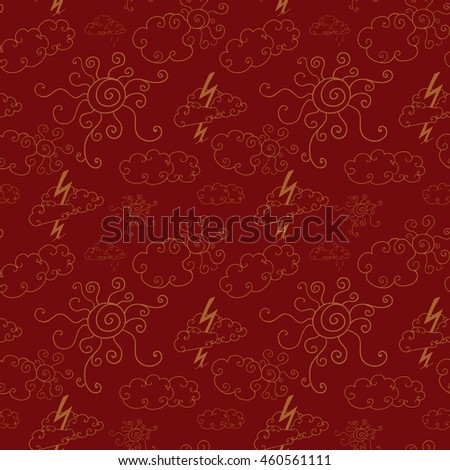 Seamless pattern with hand-drawn icons with clouds, sun, rain and lightning
