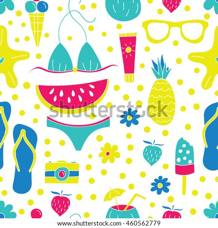 Vector seamless summer pattern. Hand drawn elements - pineapple, bikini, sun glasses, ice cream, watermelon. Colorful surface pattern design