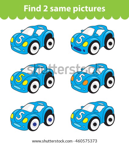 Children's educational game. Find two same pictures. Set of car toy for the game find two same pictures. Vector illustration.
