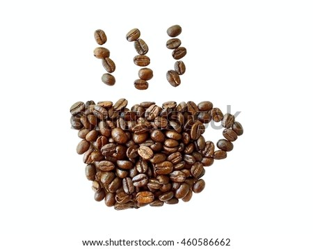 roasted coffee beans, coffee cup shape isolated on white background