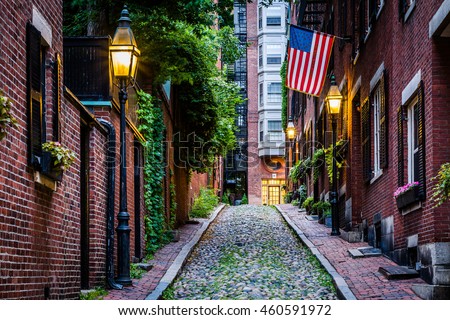 Acorn Street, in Beacon Hill, Boston Massachusetts. Royalty-Free Stock Photo #460591972
