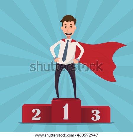 Businessman superhero standing on the winning podium - vector illustration