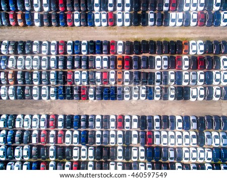 Aerial view of the Parking at the motor works Royalty-Free Stock Photo #460597549