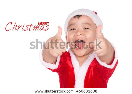 Little boy in Santa hat with thumbs up sign, isolated on white