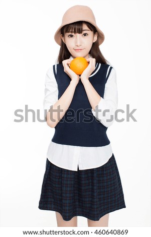 pretty c hinese girl, she bread and fruit in the room. In the white background